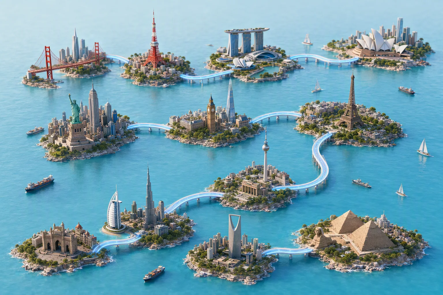 A miniature route winding across twelve island cities, from Mumbai to Sydney